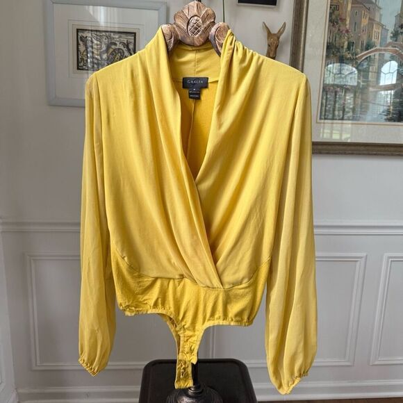 Garcia Marigold Yellow Mixed Material Plunging Shawl Neck Bodysuit M - Picture 1 of 7
